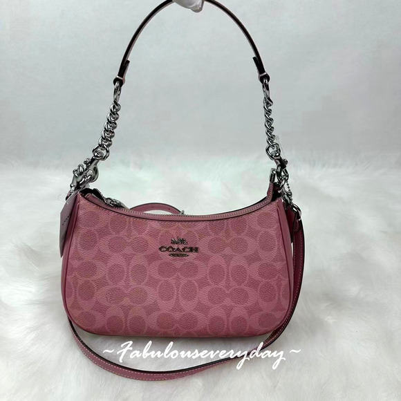 Coach Teri Shoulder Crossbody Bag In Signature Canvas/Sv/Dirty Pink CV933 NWT - Picture 1 of 10